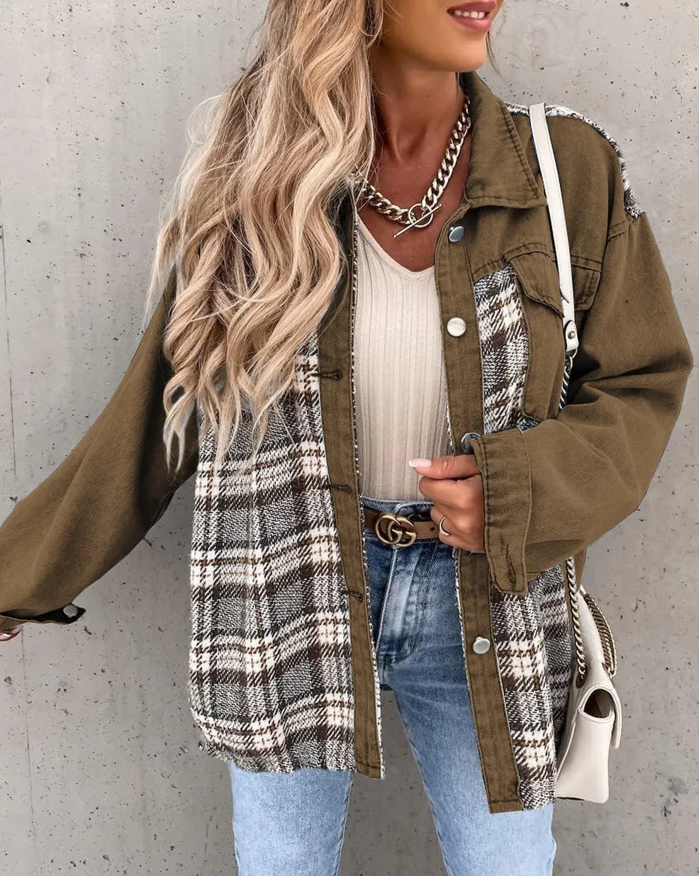 Plaid Patchwork Pockets Denim Jacket