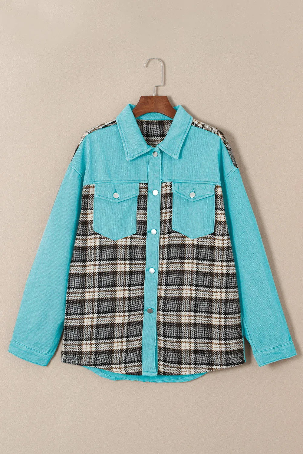 Plaid Patchwork Pockets Denim Jacket