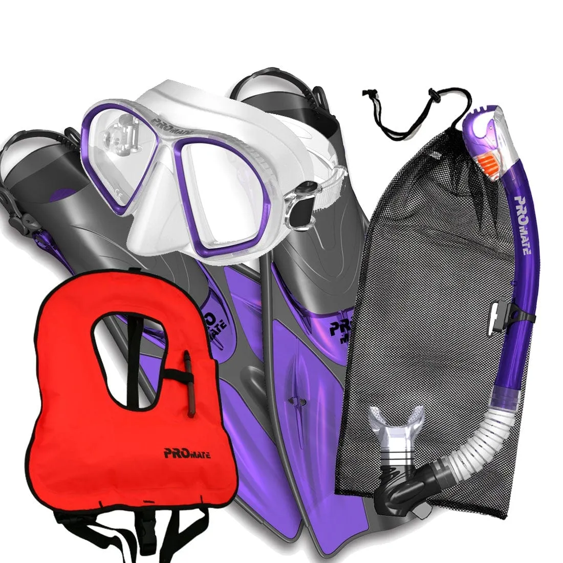 Promate Spectrum Adult Snorkeling Mask Dry Snorkel Fins Gear Bag Set With Snorkel Vest Jacket - SCS0099  SV01