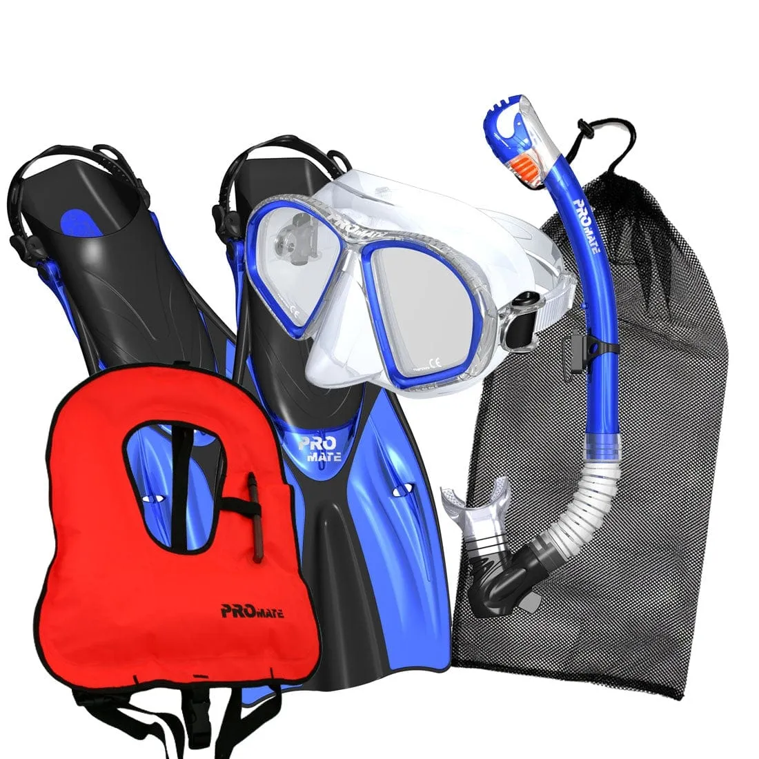 Promate Spectrum Adult Snorkeling Mask Dry Snorkel Fins Gear Bag Set With Snorkel Vest Jacket - SCS0099  SV01