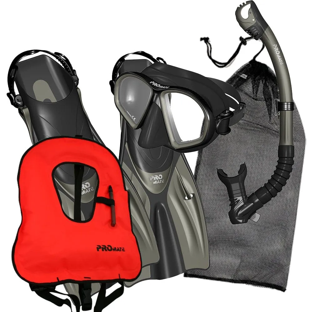 Promate Spectrum Adult Snorkeling Mask Dry Snorkel Fins Gear Bag Set With Snorkel Vest Jacket - SCS0099  SV01