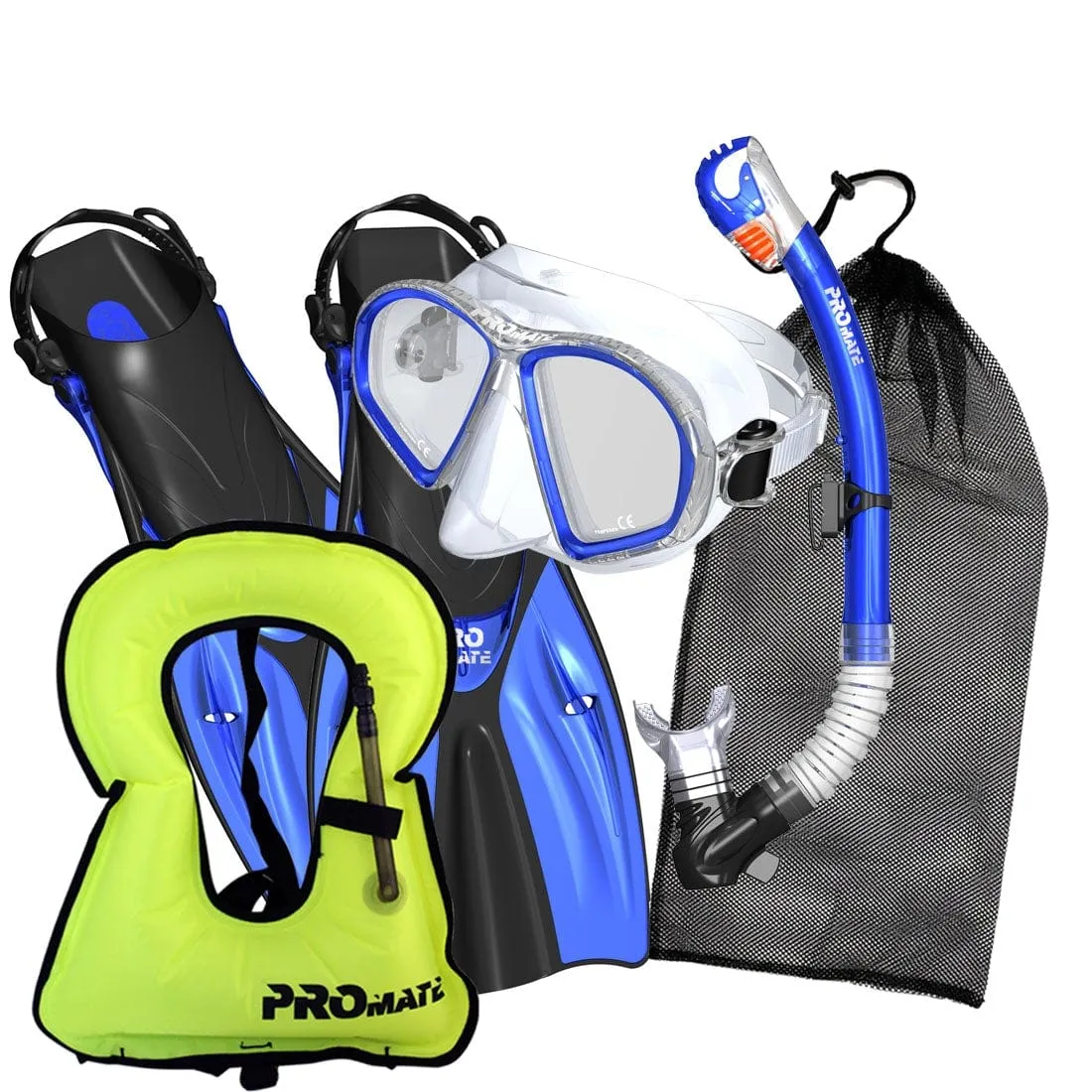 Promate Spectrum Adult Snorkeling Mask Dry Snorkel Fins Gear Bag Set With Snorkel Vest Jacket - SCS0099  SV01