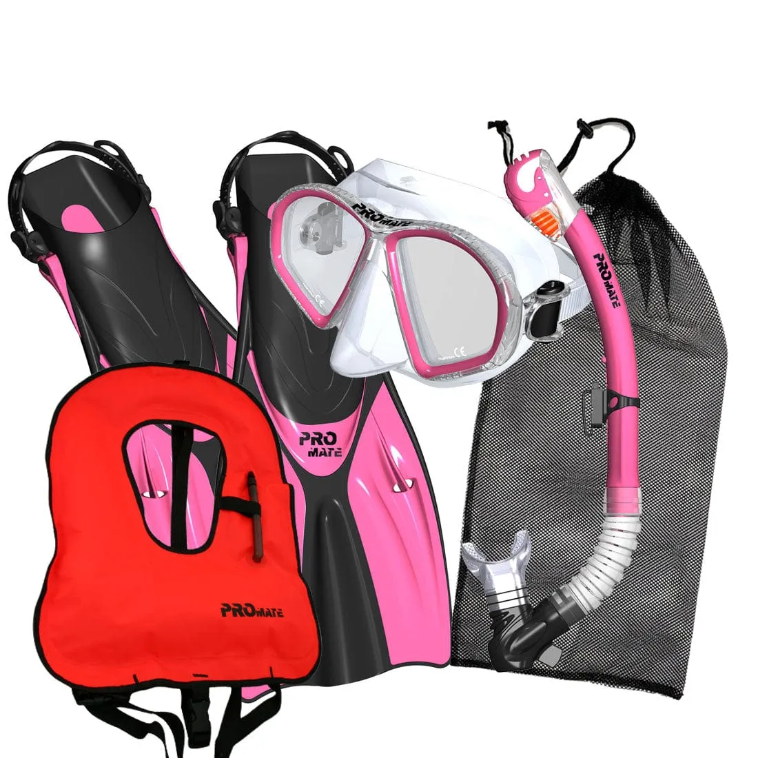 Promate Spectrum Adult Snorkeling Mask Dry Snorkel Fins Gear Bag Set With Snorkel Vest Jacket - SCS0099  SV01