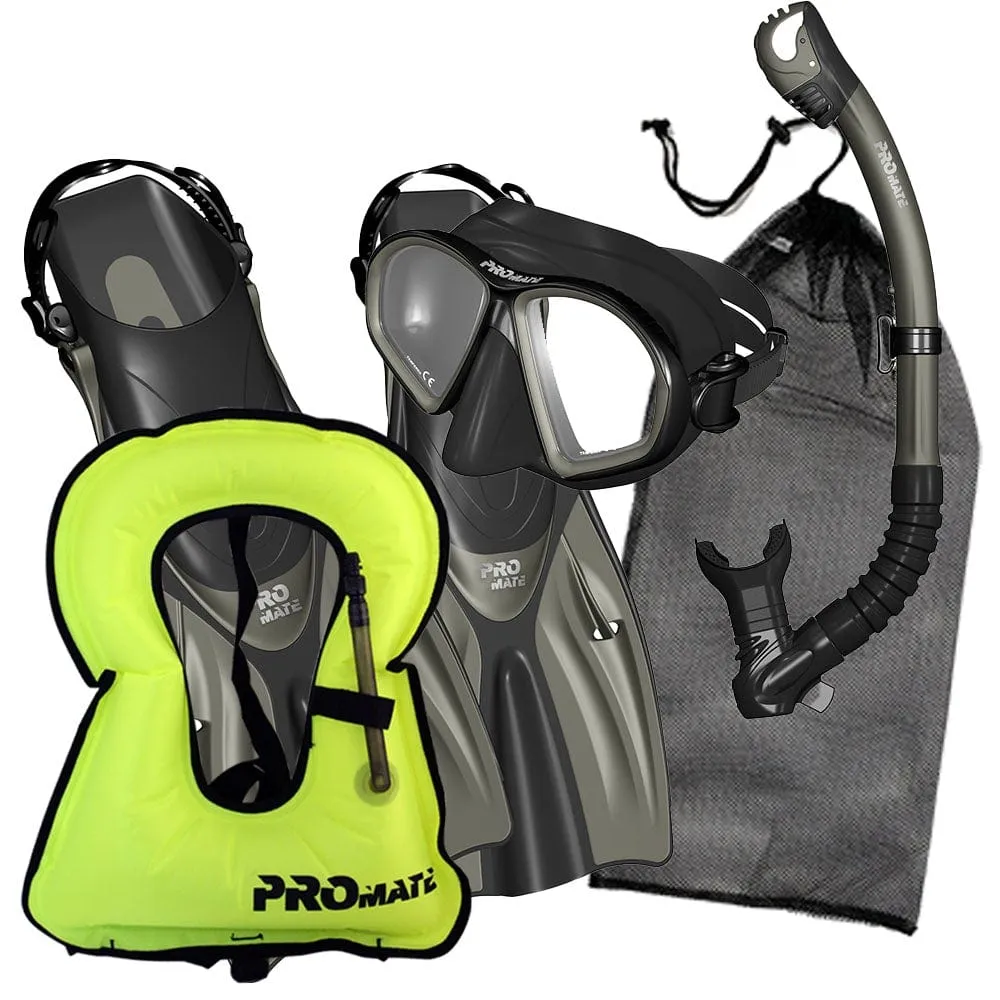 Promate Spectrum Adult Snorkeling Mask Dry Snorkel Fins Gear Bag Set With Snorkel Vest Jacket - SCS0099  SV01