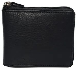 RFID Blocking Mens Zip Around Wallet Cowhide Leather Zipper Bifold