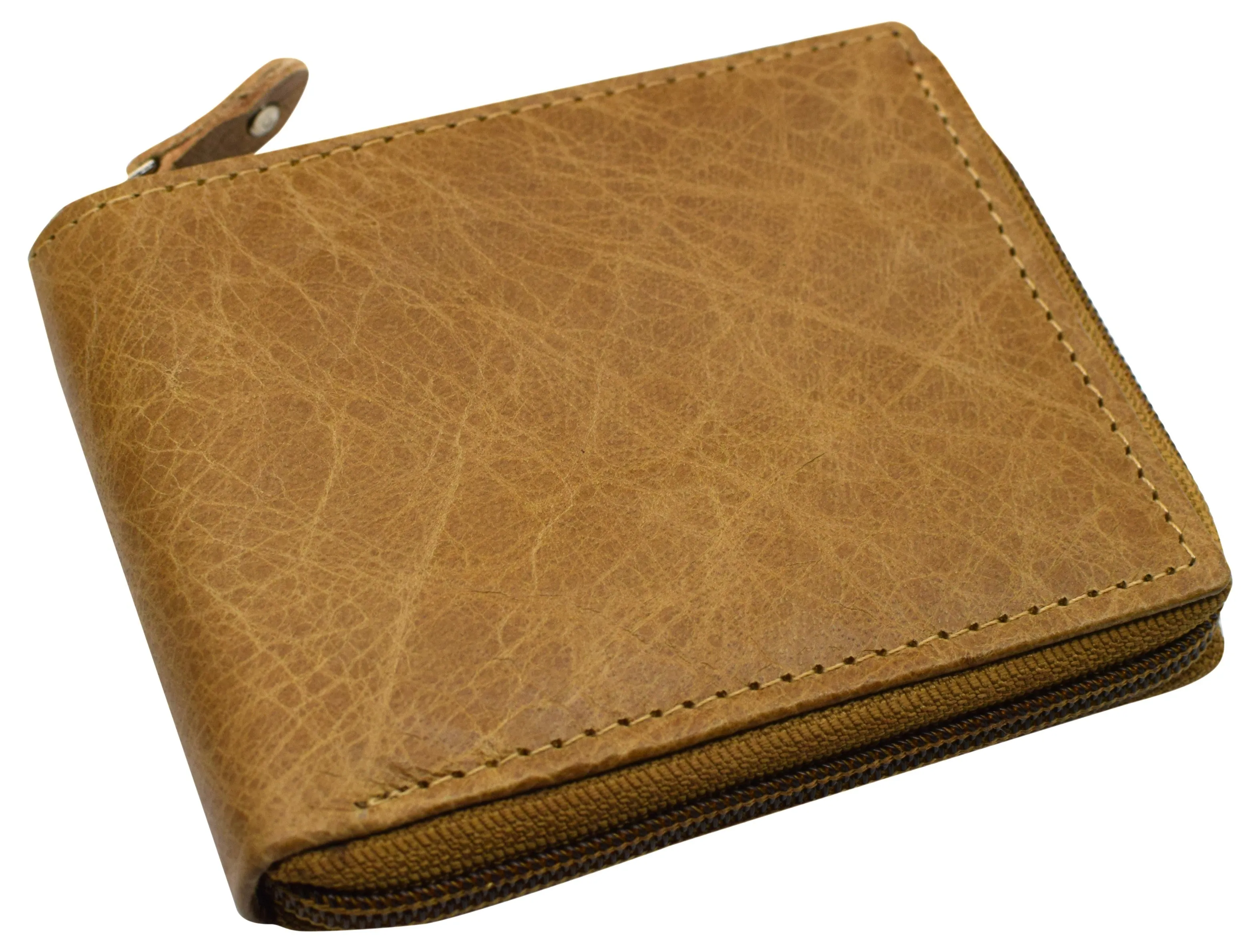 RFID621256TN Mens Zip Around RFID Blocking Cowhide Leather Zipper Bifold Wallet for Men