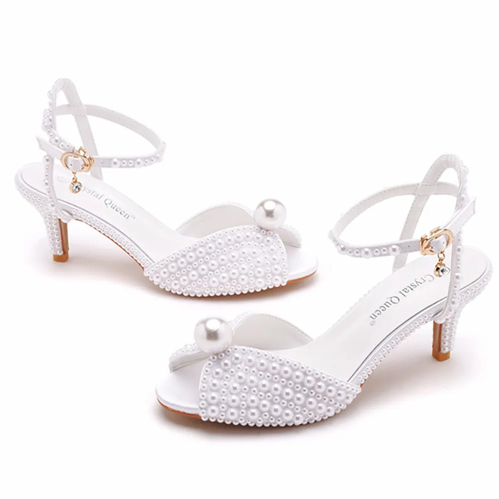 Satin Faux Pearl Peep Toe One-Strap High Heel Sandals