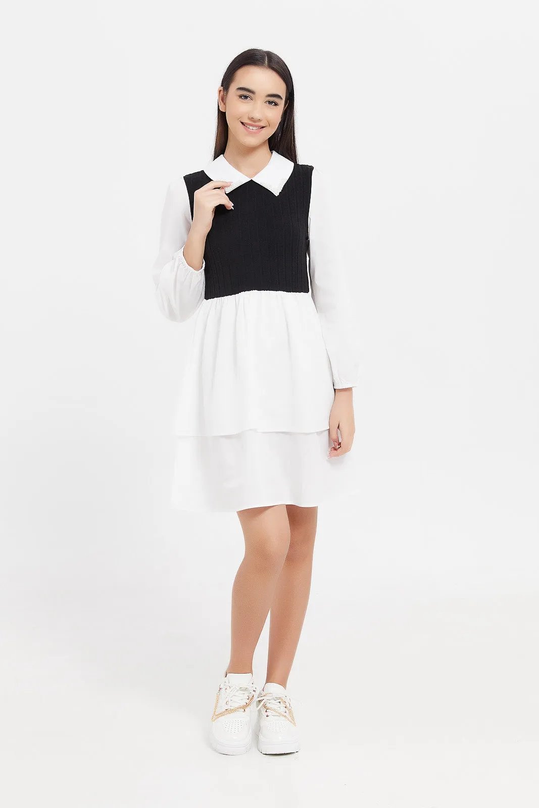 Senior Girls Black And White Embellished Dress