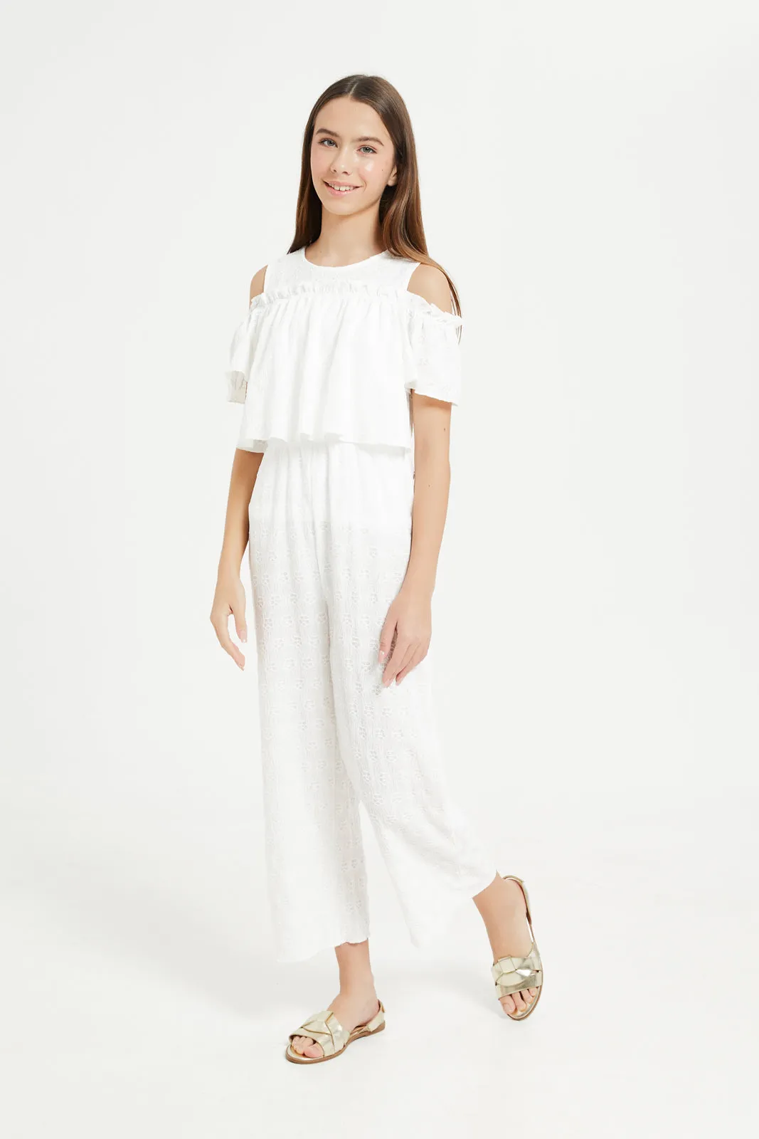 Senior Girls White Jacquard Jumpsuit