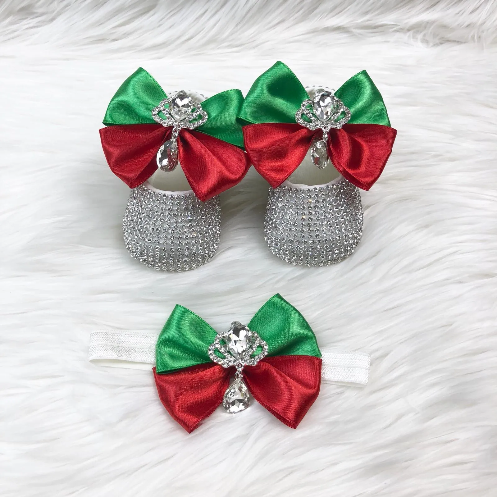 Silver Red & Green Jeweled Ada Shoes & Headband