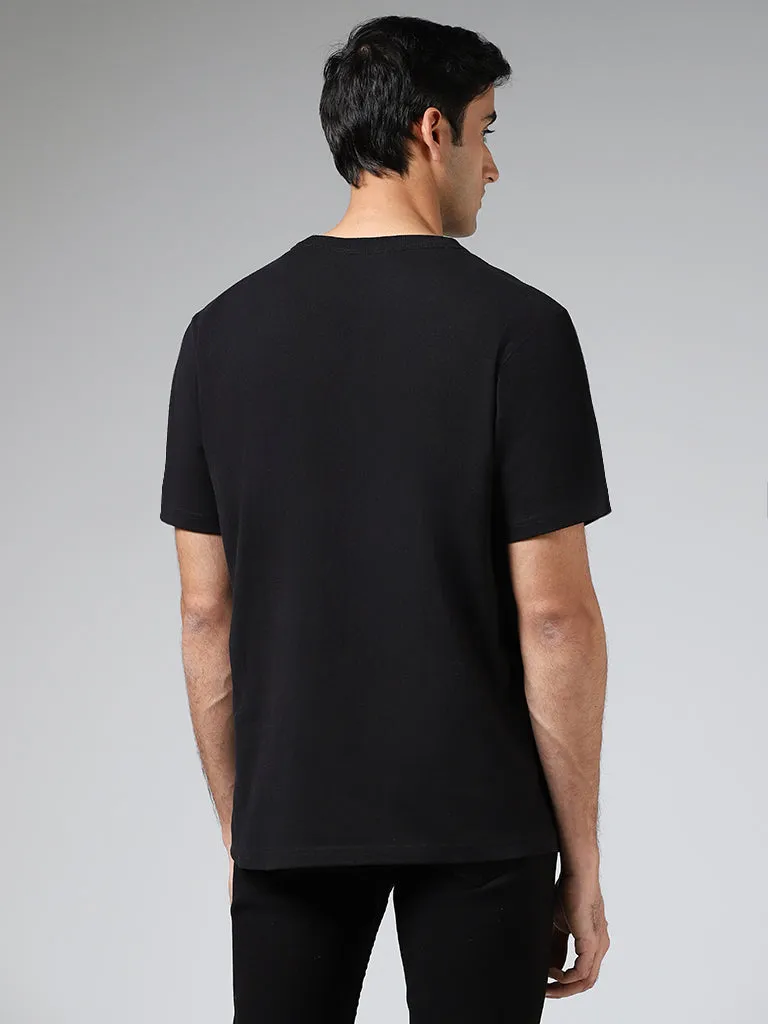 WES Casuals Solid Black Cotton Relaxed-Fit T-Shirt