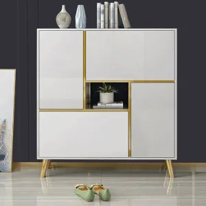 White Modern Shoe Storage Cabinet 17-Pair 2 Doors with Shelves & Pull-Down Drawers