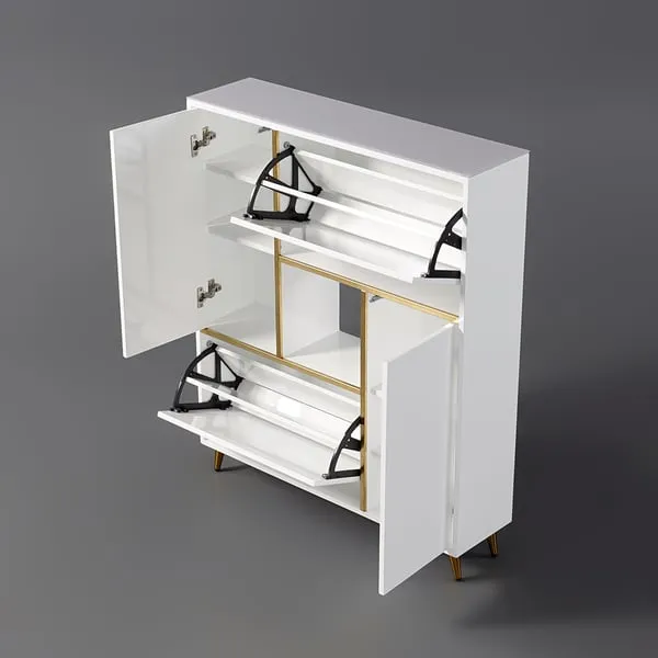 White Modern Shoe Storage Cabinet 17-Pair 2 Doors with Shelves & Pull-Down Drawers