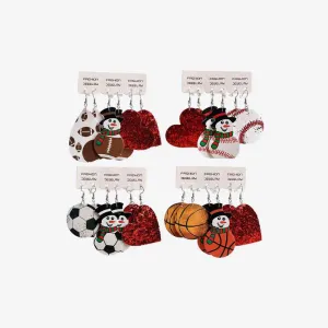 Winter and Sports Themed Snowman, Ball, and Heart Faux Leather Earrings Sets of 3 Pairs