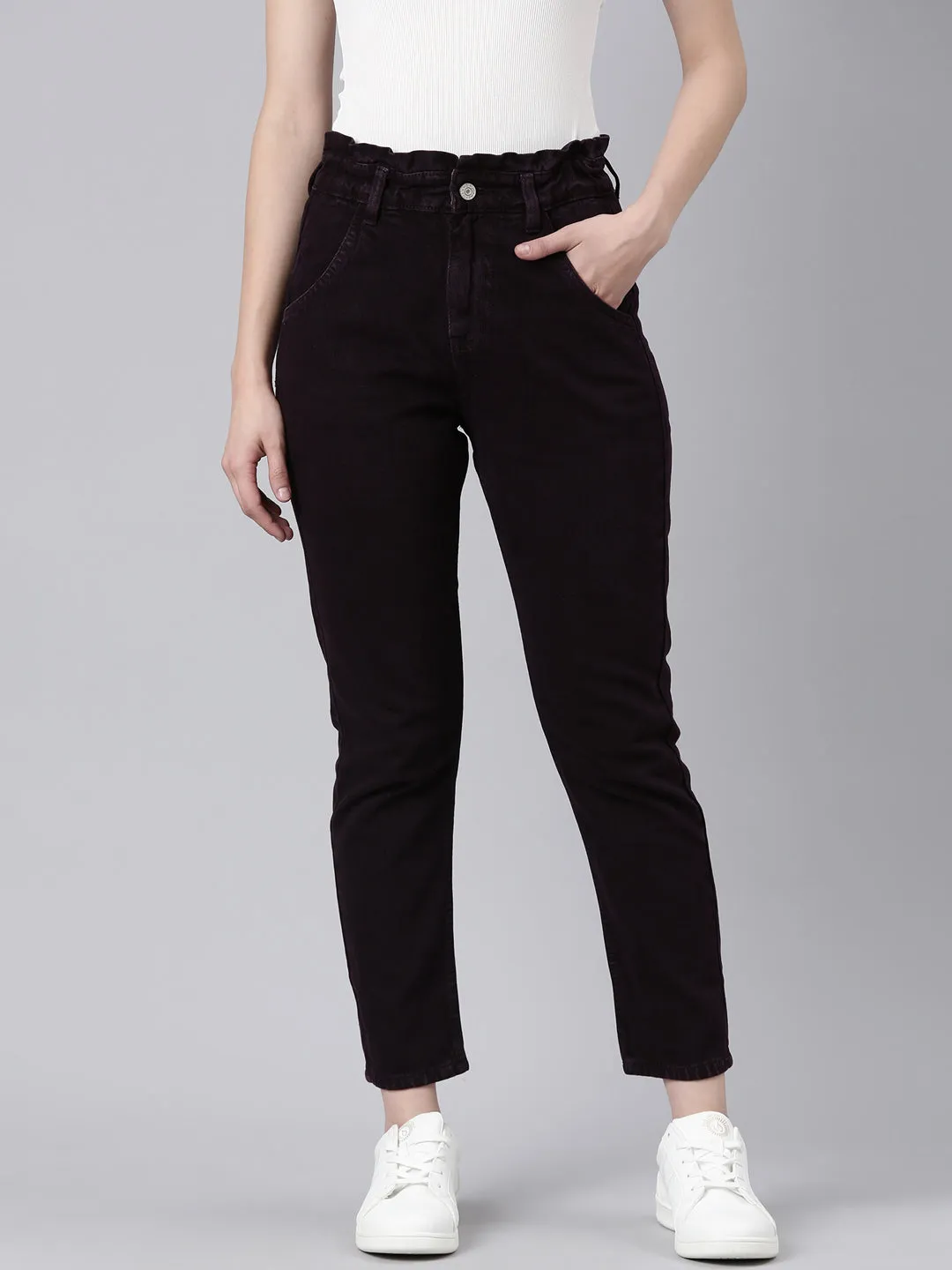 Women Violet Solid Mom Fit Denim Jeans