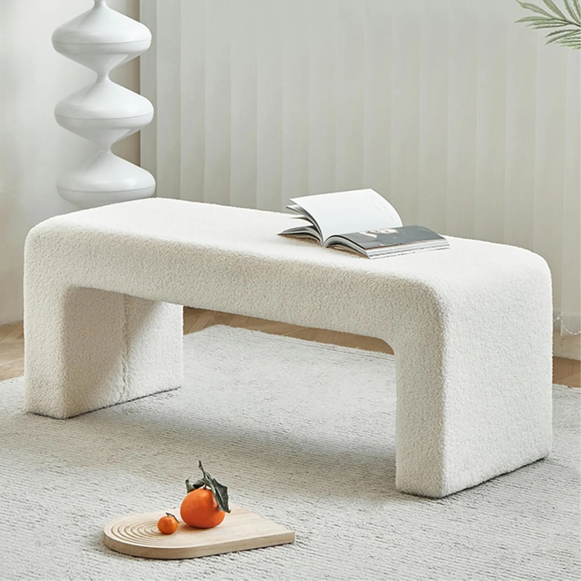 Wooden Twist Soft Furry Boucle Upholstered Entryway Ottoman Bench